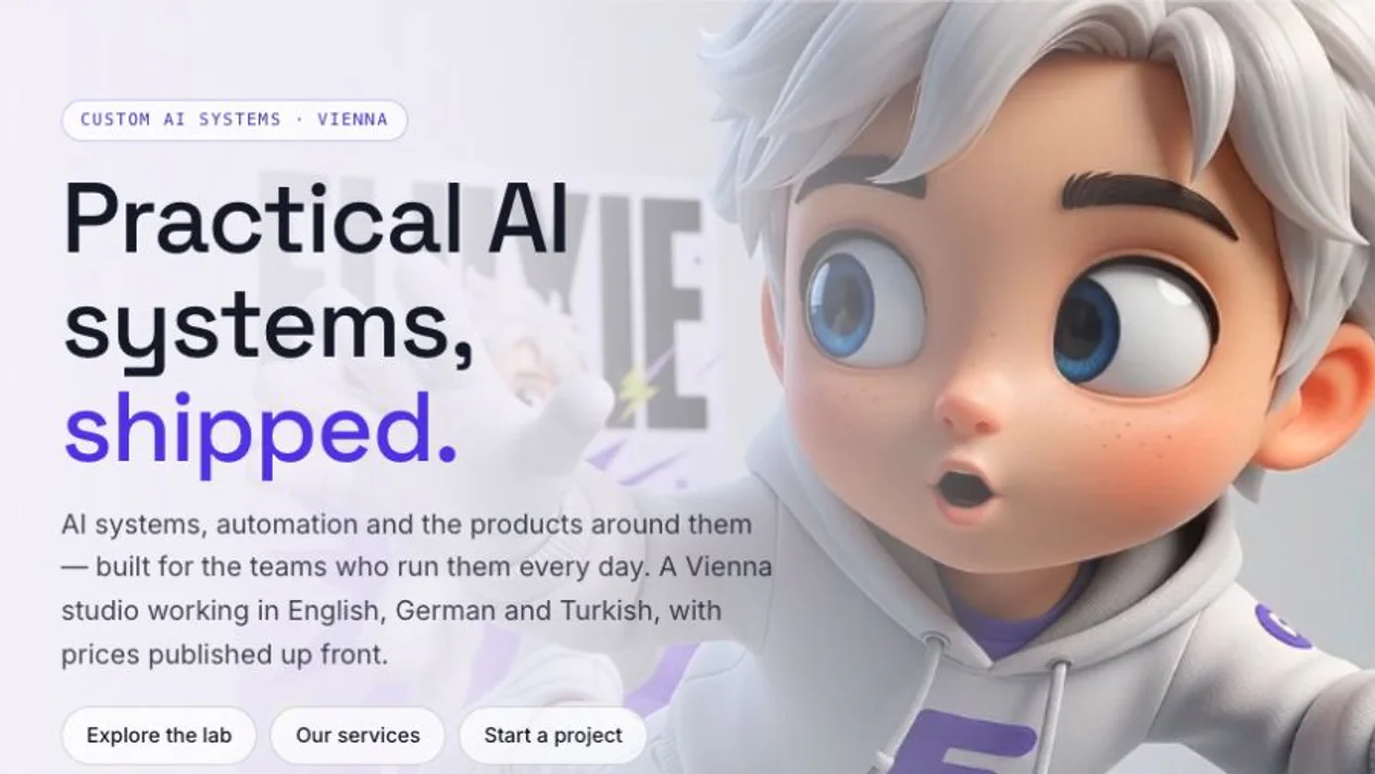 FluxonLab live homepage with Fluxie and the Practical AI systems, shipped headline